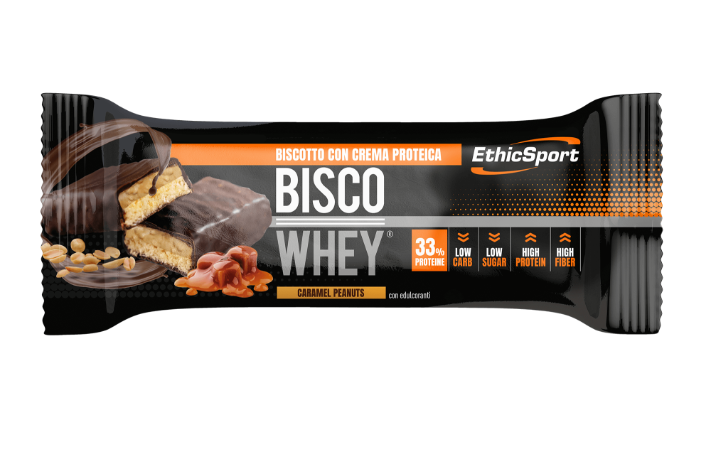 Barra Bisco Whey protein 33% caramelo y mani Ethicsport